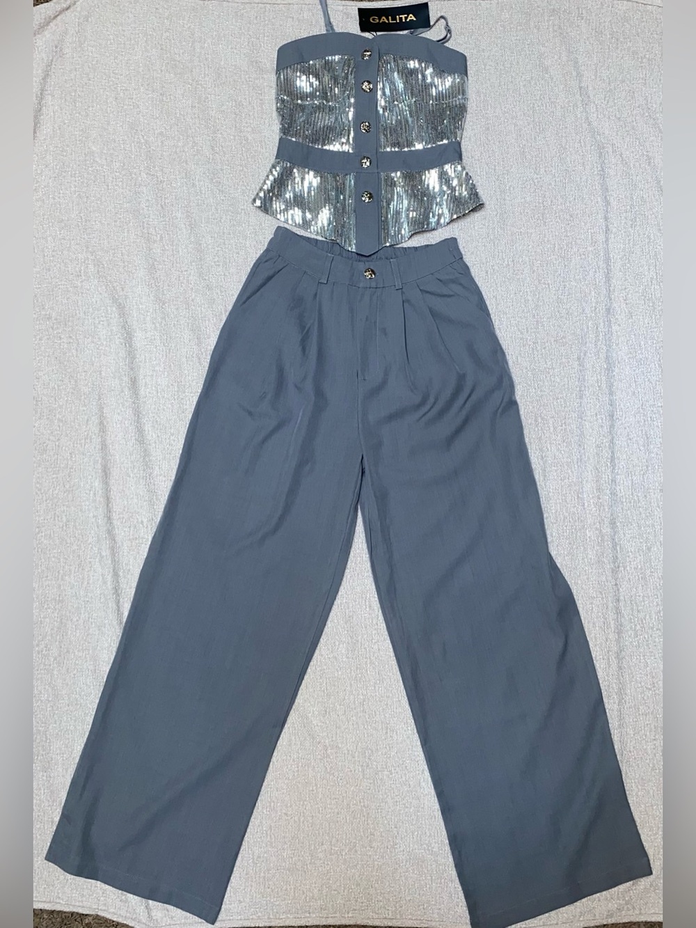 GALITA Grey Two-Piece Set Sequin Strapless Top & Wide-Leg Pants NWT S